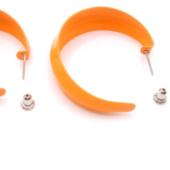 Vintage Earrings Orange Acrylic Crescent Hoop Pierced Ear Earrings 1.75" Length - Picture 4 of 8